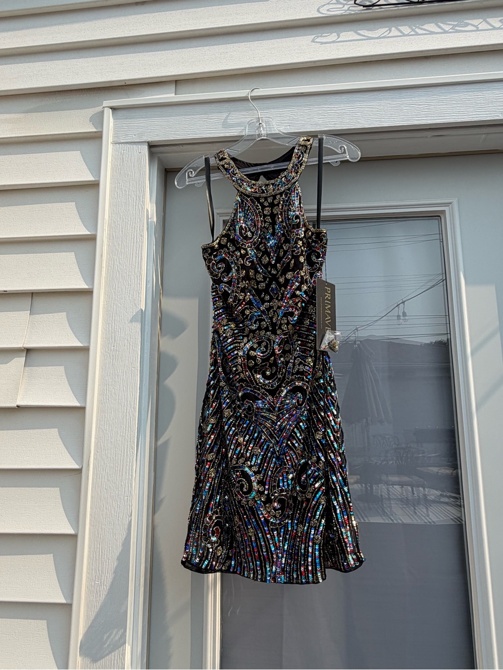 Primavera Couture Black Multicolor Sequin Halter Mini Dress